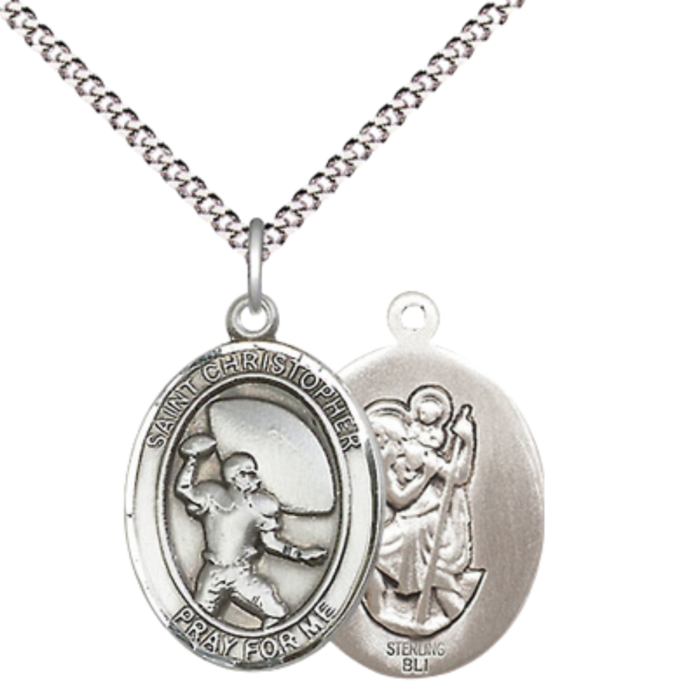 .925 Sterling Silver Saint St. Christopher Medal Pendant on 18 Inch Rhodium Plated Lite Curb Brass Chain with Lobster Claw Clasp, Catholic Religious Necklace - Made in USA- Prayer Card Included