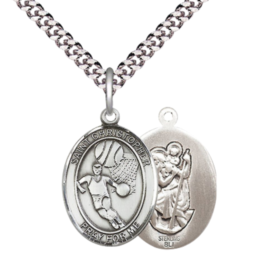 Medium Mens Oval .925 Sterling Silver Saint St. Christopher Basketball Medal Pendant on 24 Inch Rhodium Plated Heavy Curb Brass Chain w/ Lobster Claw Clasp, Catholic Religious Necklace - Made in USA- Gift Boxed