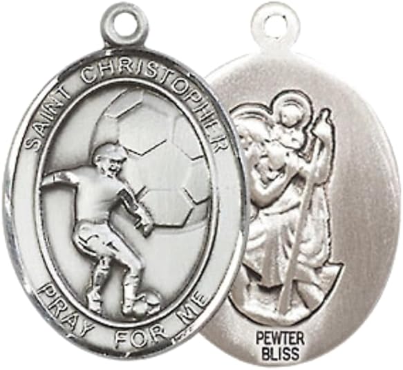 Everlasting Light Jewelry Medium Women's Pewter Saint St. Christopher Soccer Pendant Necklace on 18- inch Rhodium- Plated Lite Curb Brass Chain – 3/4- inch Medal with Lobster Claw Clasp, Catholic Medal – Velvet Gift Box Included