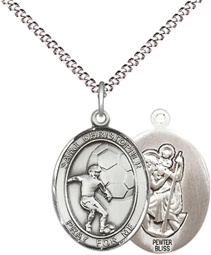 Everlasting Light Jewelry Medium Women's Pewter Saint St. Christopher Soccer Pendant Necklace on 18- inch Rhodium- Plated Lite Curb Brass Chain – 3/4- inch Medal with Lobster Claw Clasp, Catholic Medal – Velvet Gift Box Included