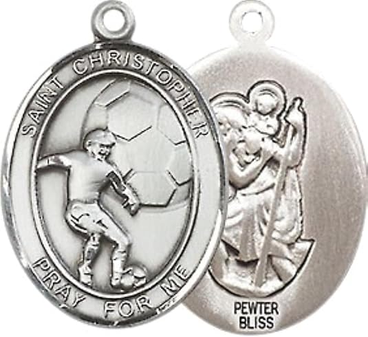 Medium Men's Pewter Saint St. Christopher Soccer Medal Pendant on 24 Inch Endless Rhodium Plated Heavy Curb Brass Chain, Catholic Religious Necklace - Made in USA- Deluxe Velvet Gift Box