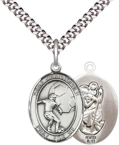 Medium Men's Pewter Saint St. Christopher Soccer Medal Pendant on 24 Inch Endless Rhodium Plated Heavy Curb Brass Chain, Catholic Religious Necklace - Made in USA- Deluxe Velvet Gift Box