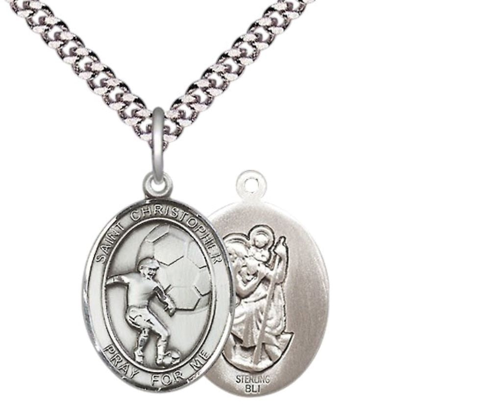 Mens Medium Oval Pewter Saint Christopher Soccer Medal Pendant on 24" Rhodium Plated Heavy Curb Brass Chain w/ Lobster Claw Clasp, Catholic Religious Necklace -Made in USA-Velvet Gift Box