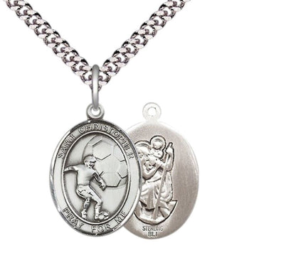 Medium Mens Oval .925 Sterling Silver Saint St. Christopher Soccer Medal Pendant on 24 Inch Rhodium Plated Heavy Curb Brass Chain w/ Lobster Claw Clasp, Catholic Religious Necklace - Made in USA- Velvet Gift Box