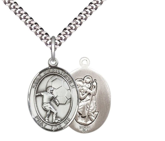 Medium Mens Oval .925 Sterling Silver Saint St. Christopher Soccer Medal Pendant on 24 Inch Rhodium Plated Heavy Curb Brass Chain w/ Lobster Claw Clasp, Catholic Religious Necklace - Made in USA- Velvet Gift Box