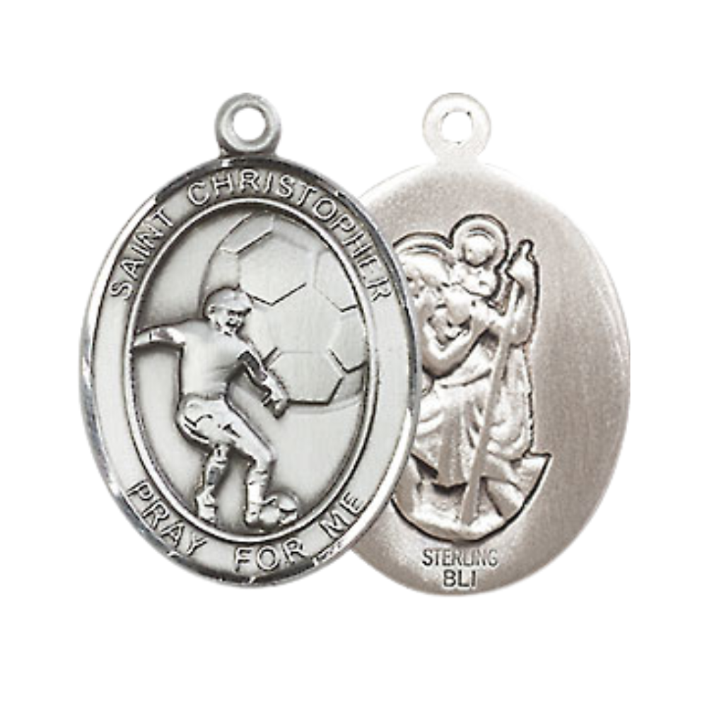 Medium Mens Oval .925 Sterling Silver Saint St. Christopher Soccer Medal Pendant on 24 Inch Rhodium Plated Heavy Curb Brass Chain w/ Lobster Claw Clasp, Catholic Religious Necklace - Made in USA- Velvet Gift Box