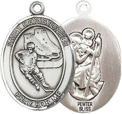 Pewter Saint St. Christopher Medal Pendant on 18 Inch Rhodium Plated Lite Curb Brass Chain with Lobster Claw Clasp, Catholic Religious Necklace - Made in USA- Prayer Card Included