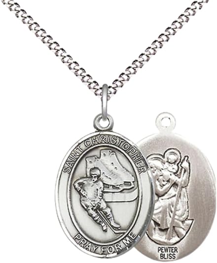 Pewter Saint St. Christopher Medal Pendant on 18 Inch Rhodium Plated Lite Curb Brass Chain with Lobster Claw Clasp, Catholic Religious Necklace - Made in USA- Prayer Card Included