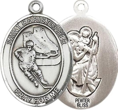 Medium Men's Pewter Saint St. Christopher Hockey Medal Pendant on 24 Inch Endless Rhodium Plated Heavy Curb Brass Chain, Catholic Religious Necklace - Made in USA- Deluxe Velvet Gift Box