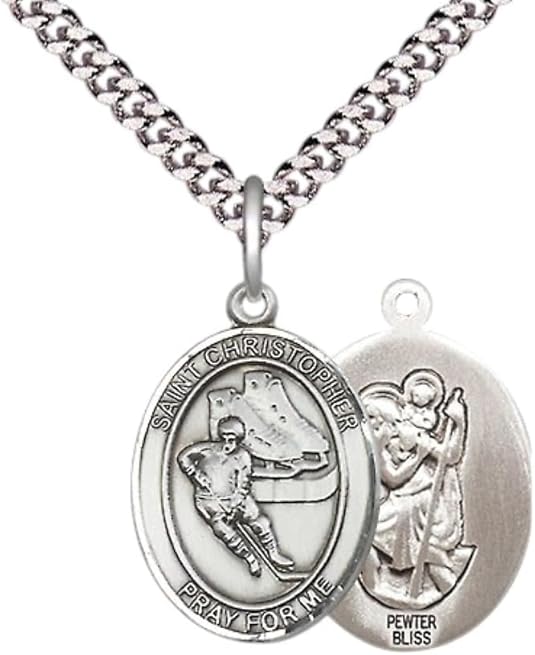 Medium Men's Pewter Saint St. Christopher Hockey Medal Pendant on 24 Inch Endless Rhodium Plated Heavy Curb Brass Chain, Catholic Religious Necklace - Made in USA- Deluxe Velvet Gift Box