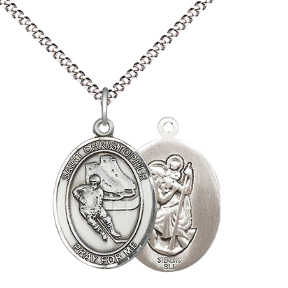 .925 Sterling Silver Saint St. Christopher Medal Pendant on 18 Inch Rhodium Plated Lite Curb Brass Chain with Lobster Claw Clasp, Catholic Religious Necklace - Made in USA- Prayer Card Included