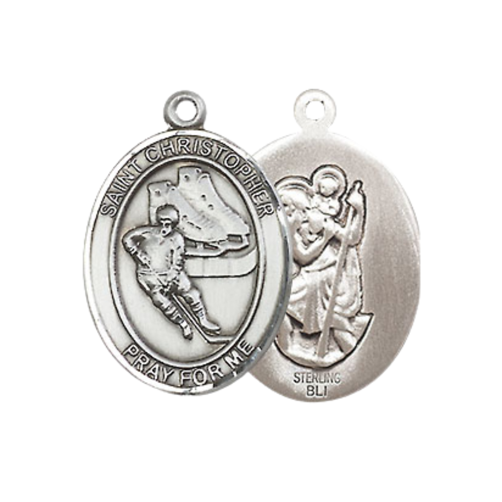 .925 Sterling Silver Saint St. Christopher Medal Pendant on 18 Inch Rhodium Plated Lite Curb Brass Chain with Lobster Claw Clasp, Catholic Religious Necklace - Made in USA- Prayer Card Included