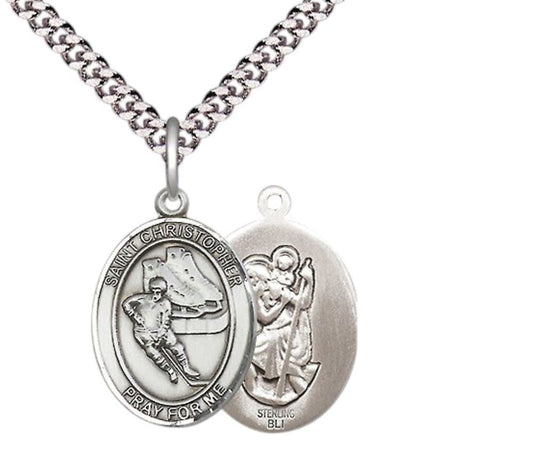 Medium Men's .925 Sterling Silver Saint St. Christopher Hockey Medal Pendant on 24 Inch Endless Rhodium Plated Heavy Curb Brass Chain, Catholic Religious Necklace - Made in USA- Deluxe Velvet Gift Box
