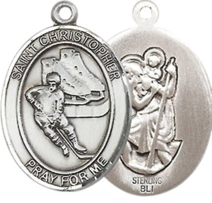 Mens Medium Oval Pewter Saint St. Christopher Hockey Medal Pendant on 24 Inch Rhodium Plated Heavy Curb Brass Chain w/ Lobster Claw Clasp, Catholic Religious Necklace - Made in USA- Velvet Gift Box