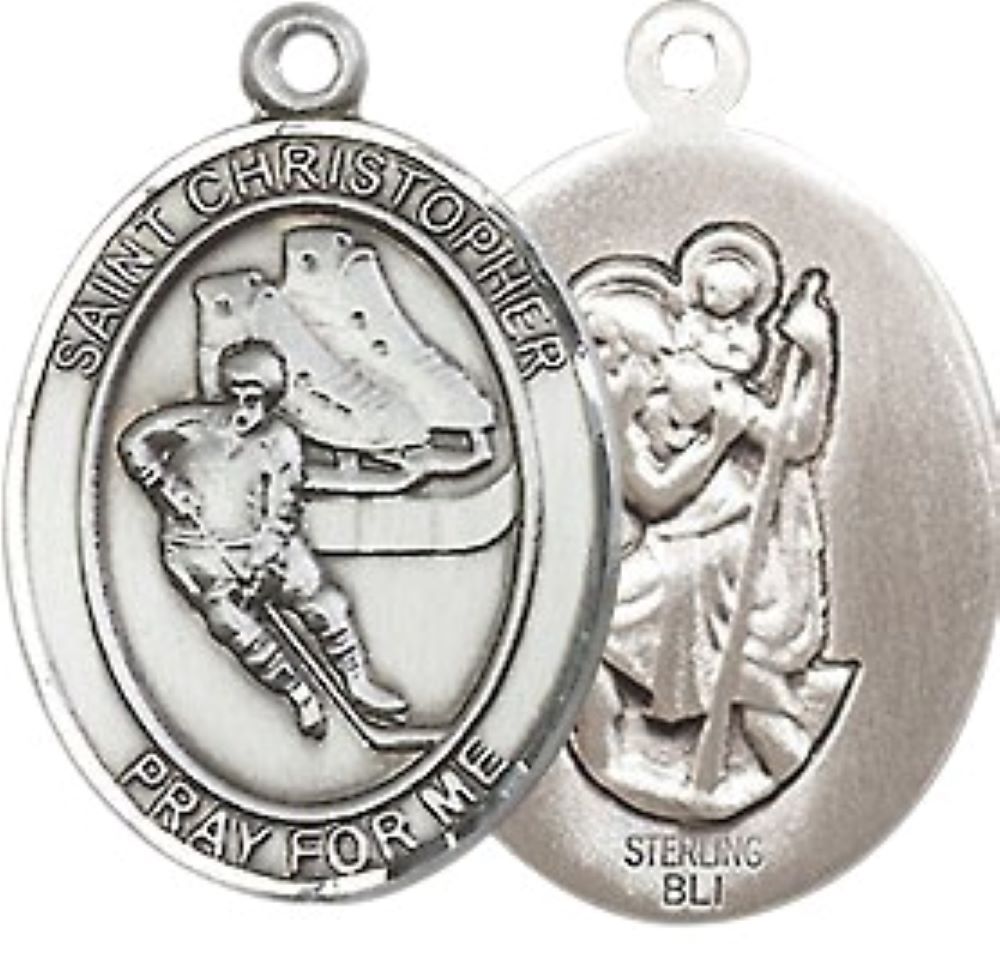 Medium Men's .925 Sterling Silver Saint St. Christopher Hockey Medal Pendant on 24 Inch Endless Rhodium Plated Heavy Curb Brass Chain, Catholic Religious Necklace - Made in USA- Deluxe Velvet Gift Box
