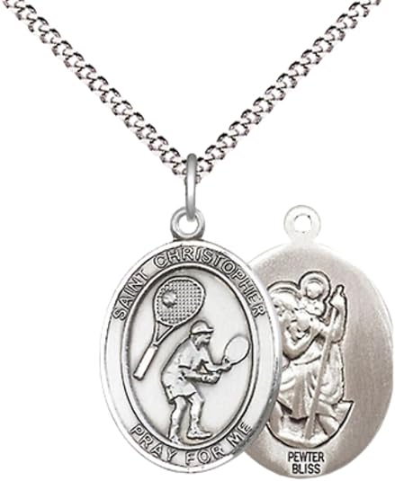 Everlasting Light Jewelry Medium Women's Pewter Saint St. Christopher Tennis Pendant Necklace on 18- inch Rhodium- Plated Lite Curb Brass Chain – 3/4- inch Medal with Lobster Claw Clasp, Catholic Medal – Velvet Gift Box Included