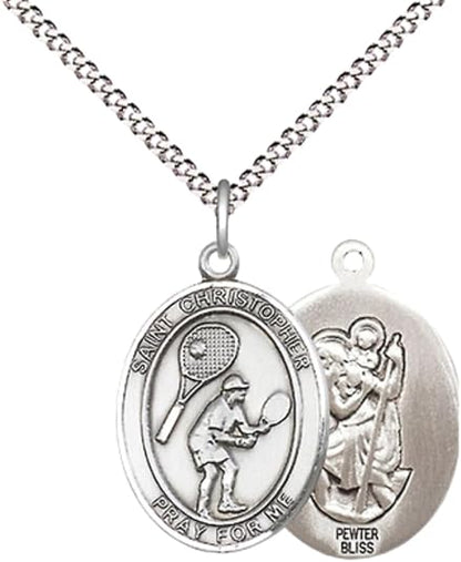 Everlasting Light Jewelry Medium Women's Pewter Saint St. Christopher Tennis Pendant Necklace on 18- inch Rhodium- Plated Lite Curb Brass Chain – 3/4- inch Medal with Lobster Claw Clasp, Catholic Medal – Velvet Gift Box Included