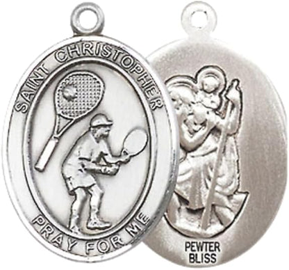 Medium Men's Pewter Saint St. Christopher Tennis Medal Pendant on 24 Inch Endless Rhodium Plated Heavy Curb Brass Chain, Catholic Religious Necklace - Made in USA- Deluxe Velvet Gift Box