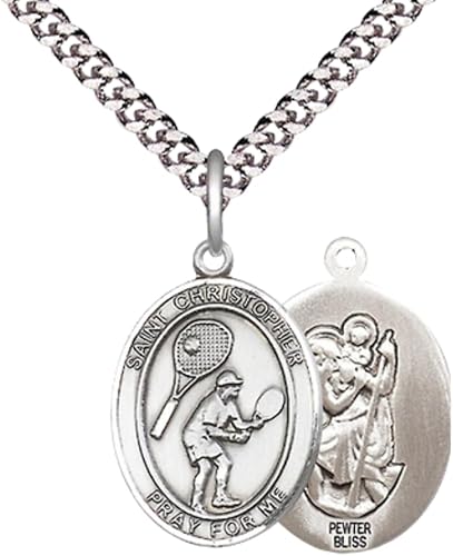 Medium Men's Pewter Saint St. Christopher Tennis Medal Pendant on 24 Inch Endless Rhodium Plated Heavy Curb Brass Chain, Catholic Religious Necklace - Made in USA- Deluxe Velvet Gift Box