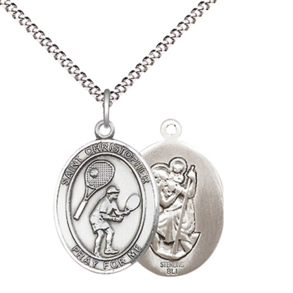 .925 Sterling Silver Saint St. Christopher Medal Pendant on 18 Inch Rhodium Plated Lite Curb Brass Chain with Lobster Claw Clasp, Catholic Religious Necklace - Made in USA- W/ Prayer Card