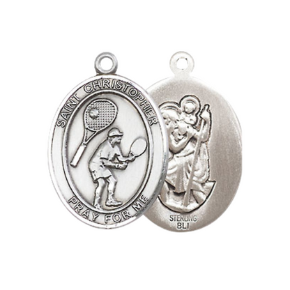 Medium Men's .925 Sterling Silver Saint St. Christopher Tennis Medal Pendant on 24 Inch Endless Rhodium Plated Heavy Curb Brass Chain, Catholic Religious Necklace - Made in USA- Deluxe Velvet Gift Box