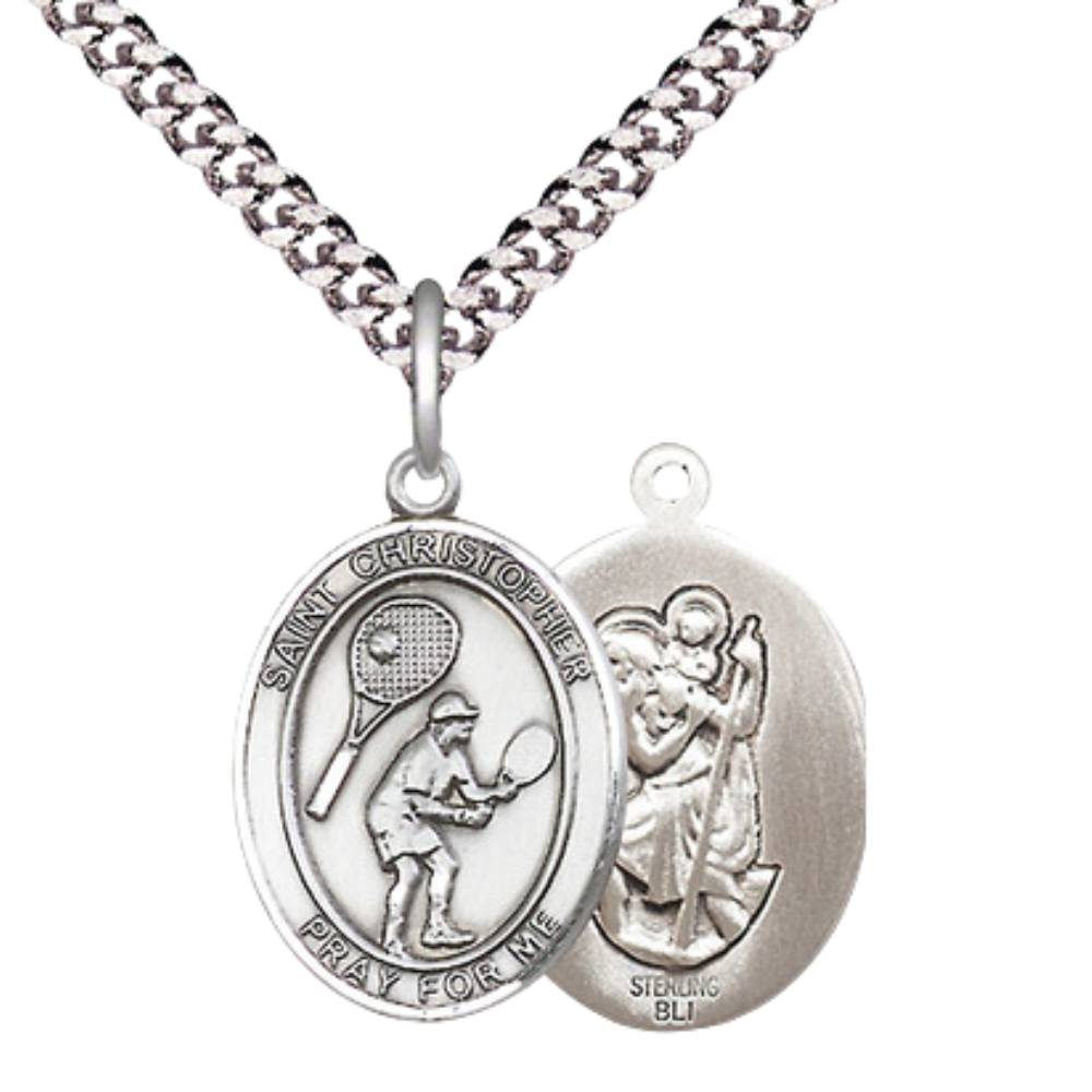 Medium Men's .925 Sterling Silver Saint St. Christopher Tennis Medal Pendant on 24 Inch Endless Rhodium Plated Heavy Curb Brass Chain, Catholic Religious Necklace - Made in USA- Deluxe Velvet Gift Box