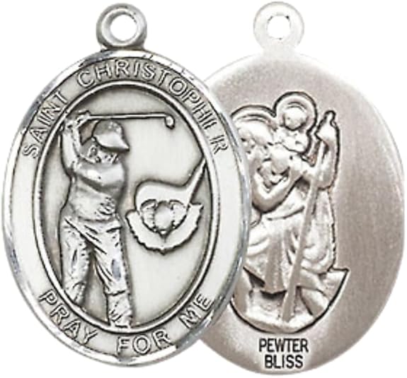 Everlasting Light Jewelry Medium Women's Pewter Saint St. Christopher Golf Pendant Necklace on 18- inch Rhodium- Plated Lite Curb Brass Chain – 3/4- inch Medal with Lobster Claw Clasp, Catholic Medal – Velvet Gift Box Included