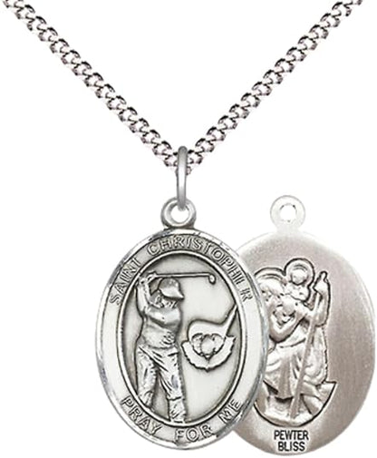 Pewter Saint St. Christopher Medal Pendant on 18 Inch Rhodium Plated Lite Curb Brass Chain with Lobster Claw Clasp, Catholic Religious Necklace, Made in USA- Prayer Card Included