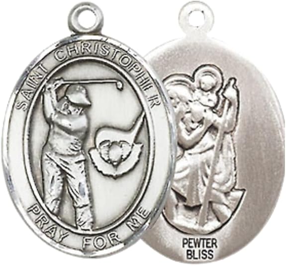 Everlasting Light Jewelry Medium Men's Pewter Saint St. Christopher Golf Medal Pendant on 24 Inch Endless Rhodium Plated Heavy Curb Brass Chain, Catholic Religious Necklace - Made in USA- Deluxe Velvet Gift Box