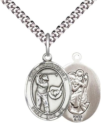 Everlasting Light Jewelry Medium Men's Pewter Saint St. Christopher Golf Medal Pendant on 24 Inch Endless Rhodium Plated Heavy Curb Brass Chain, Catholic Religious Necklace - Made in USA- Deluxe Velvet Gift Box