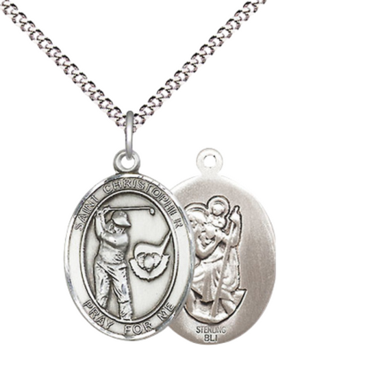 Everlasting Light Jewelry Medium Women's .925 Sterling Silver Saint St. Christopher Golf Pendant Necklace on 18- Inch Rhodium- Plated Lite Curb Brass Chain, Catholic Medal – Includes Velvet Gift Box