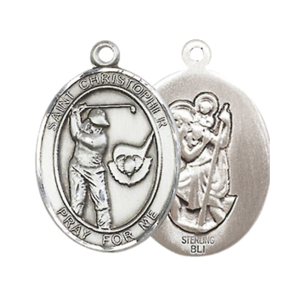 Medium Men's .925 Sterling Silver Saint St. Christopher Golf Medal Pendant on 24 Inch Endless Rhodium Plated Heavy Curb Brass Chain, Catholic Religious Necklace - Made in USA- Deluxe Velvet Gift Box