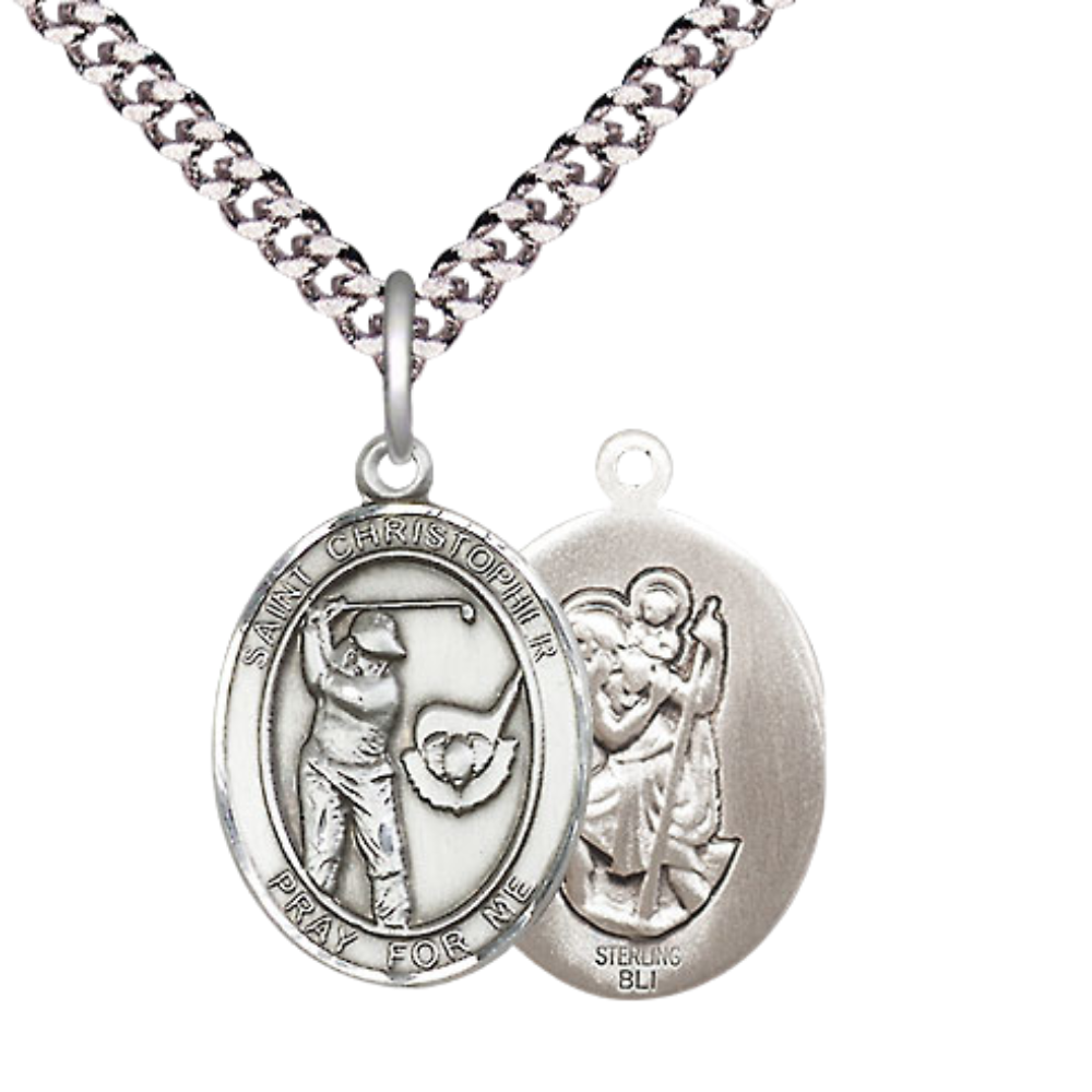 Medium Men's .925 Sterling Silver Saint St. Christopher Golf Medal Pendant on 24 Inch Endless Rhodium Plated Heavy Curb Brass Chain, Catholic Religious Necklace - Made in USA- Deluxe Velvet Gift Box