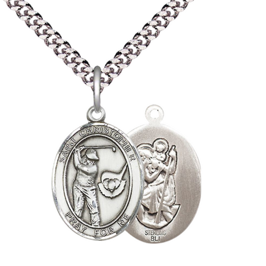 Medium Men's .925 Sterling Silver Saint St. Christopher Golf Medal Pendant on 24 Inch Endless Rhodium Plated Heavy Curb Brass Chain, Catholic Religious Necklace - Made in USA- Deluxe Velvet Gift Box
