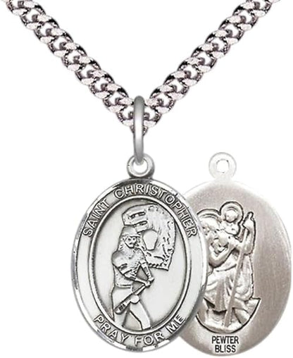Medium Men's Pewter Saint St. Christopher Softball Medal Pendant on 24 Inch Endless Rhodium Plated Heavy Curb Brass Chain, Catholic Religious Necklace - Made in USA- Deluxe Velvet Gift Box