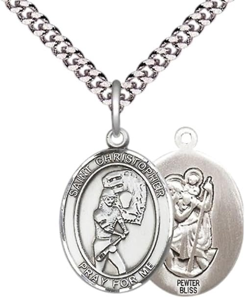 Medium Men's Pewter Saint St. Christopher Softball Medal Pendant on 24 Inch Endless Rhodium Plated Heavy Curb Brass Chain, Catholic Religious Necklace - Made in USA- Deluxe Velvet Gift Box