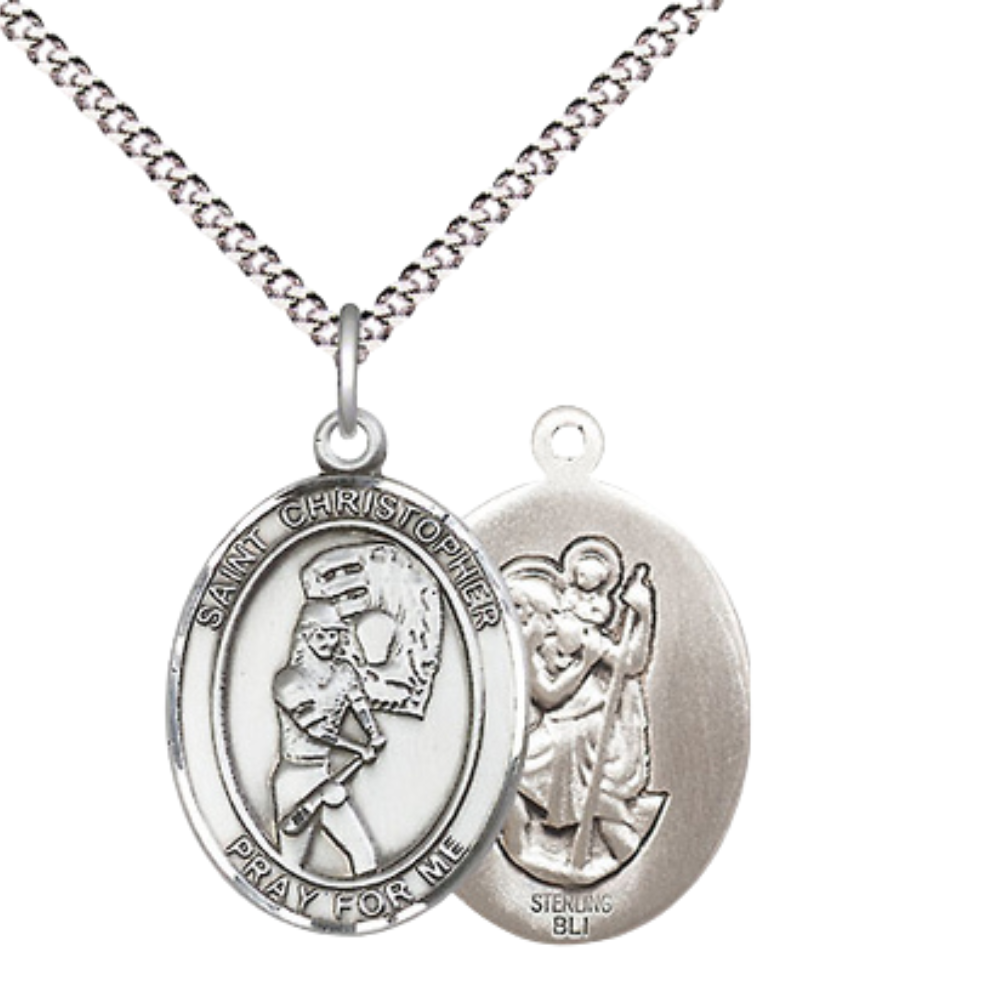 .925 Sterling Silver Saint St. Christopher Medal Pendant w/ 18 Inch Rhodium Plated Lite Curb Brass Chain with Lobster Claw Clasp, Catholic Religious Necklace - Made in USA- Prayer Card Included