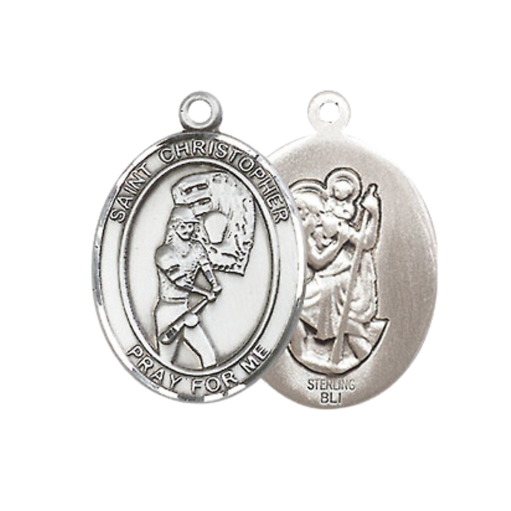 .925 Sterling Silver Saint St. Christopher Medal Pendant w/ 18 Inch Rhodium Plated Lite Curb Brass Chain with Lobster Claw Clasp, Catholic Religious Necklace - Made in USA- Prayer Card Included