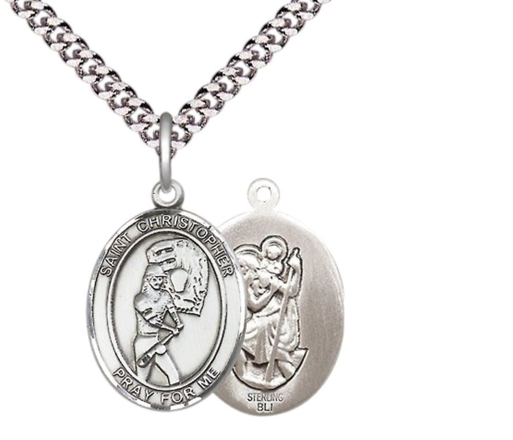 Medium Men's .925 Sterling Silver Saint St. Christopher Softball Medal Pendant on 24 Inch Endless Rhodium Plated Heavy Curb Brass Chain, Catholic Religious Necklace - Made in USA- Deluxe Velvet Gift Box