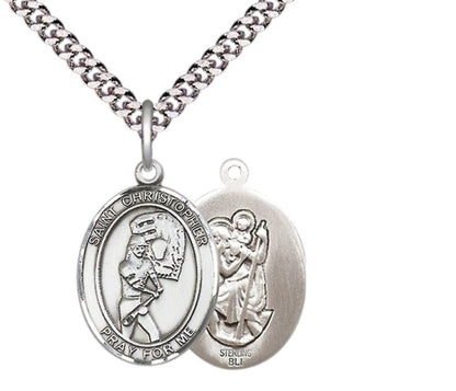 Medium Men's .925 Sterling Silver Saint St. Christopher Softball Medal Pendant on 24 Inch Endless Rhodium Plated Heavy Curb Brass Chain, Catholic Religious Necklace - Made in USA- Deluxe Velvet Gift Box