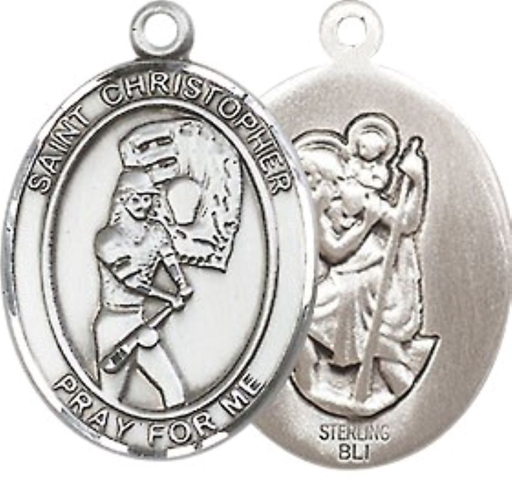Medium Mens Oval Sterling Silver Saint Christopher Softball Medal Pendant on 24" Rhodium Plated Heavy Curb Brass Chain w/ Lobster Claw Clasp,Catholic Religious Necklace -Made in USA-Gift Boxed