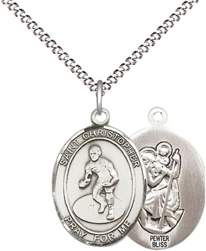 Medium Women's Pewter Saint St. Christopher Wrestling Pendant Necklace on 18- inch Rhodium- Plated Lite Curb Brass Chain – 3/4- inch Medal with Lobster Claw Clasp, Catholic Medal – Velvet Gift Box Included
