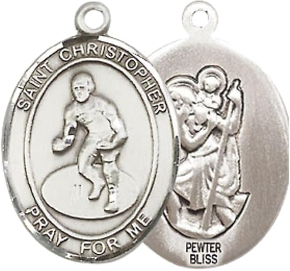 Medium Men's Pewter Saint St. Christopher Wrestling Medal Pendant on 24 Inch Endless Rhodium Plated Heavy Curb Brass Chain, Catholic Religious Necklace - Made in USA- Deluxe Velvet Gift Box
