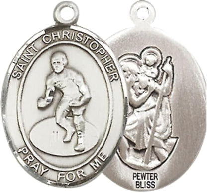 Medium Men's Pewter Saint St. Christopher Wrestling Medal Pendant on 24 Inch Endless Rhodium Plated Heavy Curb Brass Chain, Catholic Religious Necklace - Made in USA- Deluxe Velvet Gift Box