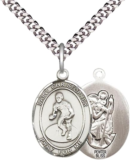 Medium Men's Pewter Saint St. Christopher Wrestling Medal Pendant on 24 Inch Endless Rhodium Plated Heavy Curb Brass Chain, Catholic Religious Necklace - Made in USA- Deluxe Velvet Gift Box