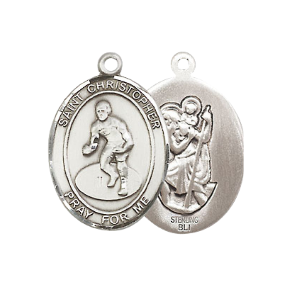 Everlasting Light Jewelry Medium Women's .925 Sterling Silver Saint St. Christopher Wrestling Pendant Necklace on 18- Inch Rhodium- Plated Lite Curb Brass Chain, Catholic Medal – Includes Velvet Gift Box