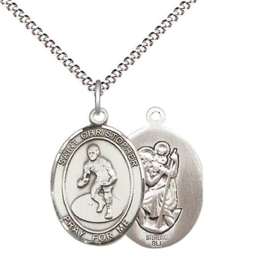 Everlasting Light Jewelry Medium Women's .925 Sterling Silver Saint St. Christopher Wrestling Pendant Necklace on 18- Inch Rhodium- Plated Lite Curb Brass Chain, Catholic Medal – Includes Velvet Gift Box