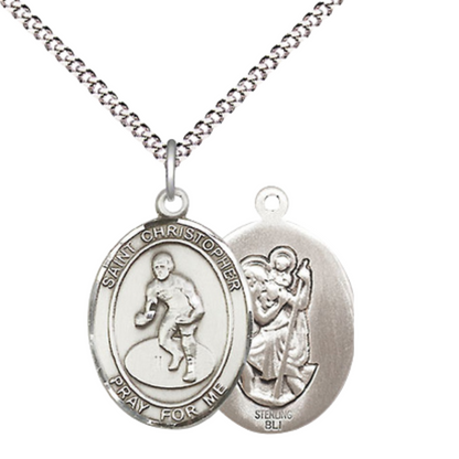 .925 Sterling Silver Saint St. Christopher Medal Pendant on 18 Inch Rhodium Plated Lite Curb Brass Chain with Lobster Claw Clasp, Catholic Religious Necklace - Made in USA- Prayer Card Included