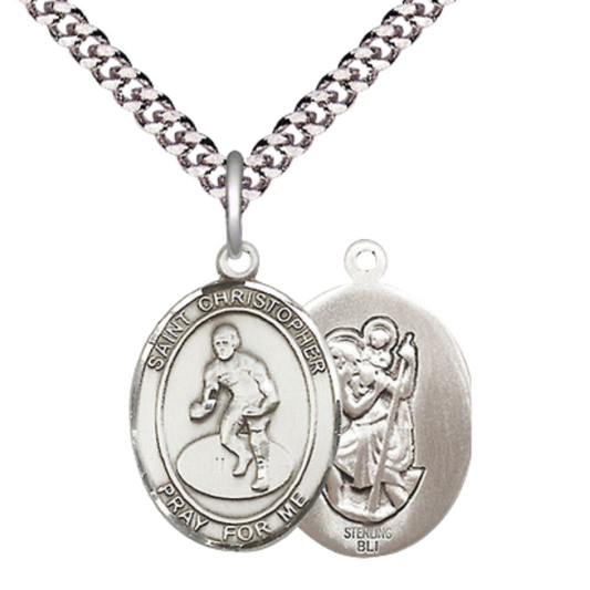 Medium Men's .925 Sterling Silver Saint St. Christopher Wrestling Medal Pendant on 24 Inch Endless Rhodium Plated Heavy Curb Brass Chain, Catholic Religious Necklace - Made in USA- Deluxe Velvet Gift Box