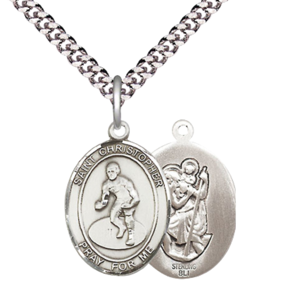 Mens Medium Oval Pewter Saint St. Christopher Wrestling Medal Pendant on 24 Inch Rhodium Plated Heavy Curb Brass Chain w/ Lobster Claw Clasp, Catholic Religious Necklace - Made in USA- Velvet Gift Box
